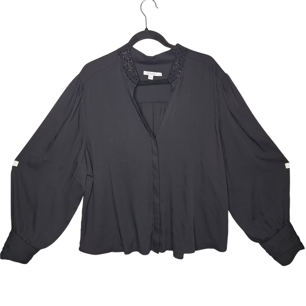 Chico's Crystal Collar Dressy Blouse 4 XXL US 20 Bling Holiday Evening Black